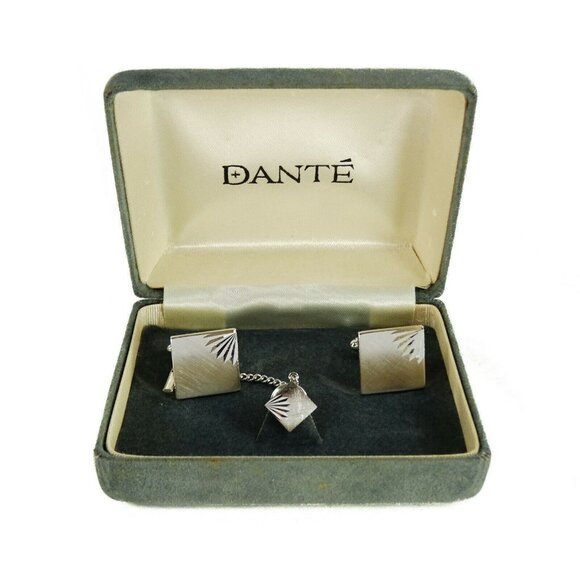 Dante Vintage Cufflinks Set with Tie Tack Pin Silvertone Square Formal Groom Box - Picture 2 of 7